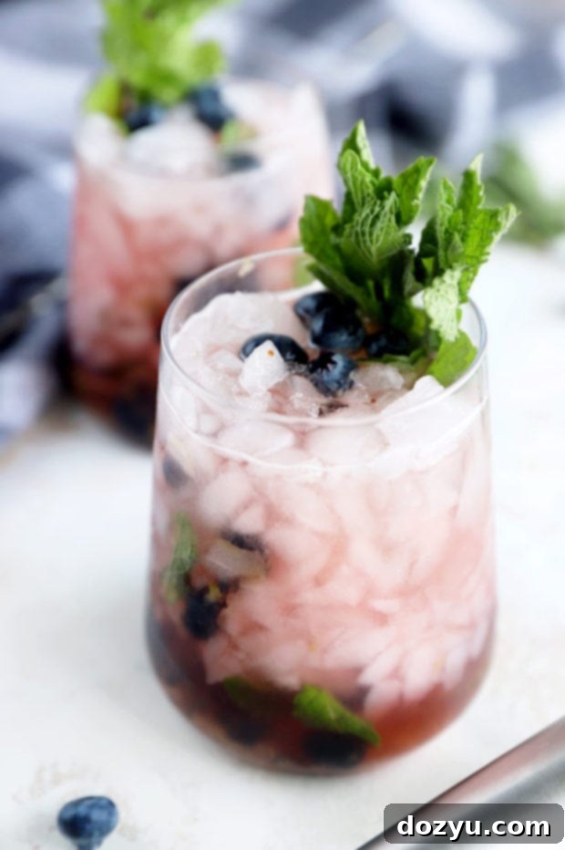 Close-up of a refreshing Blueberry Mint Julep in a glass, garnished with fresh mint and blueberries.