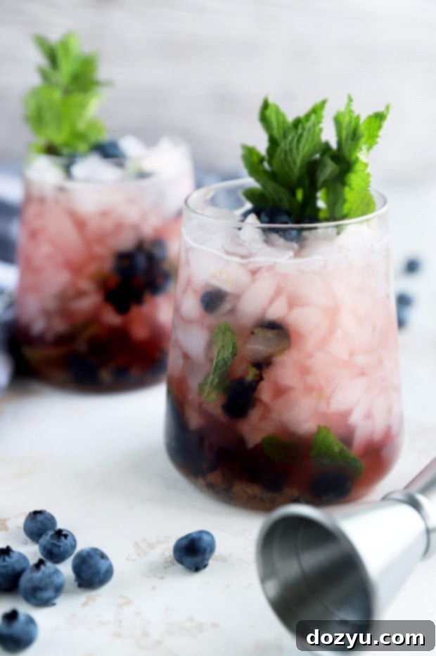 Side view of a Blueberry Mint Julep cocktail, showing its vibrant color and garnish.