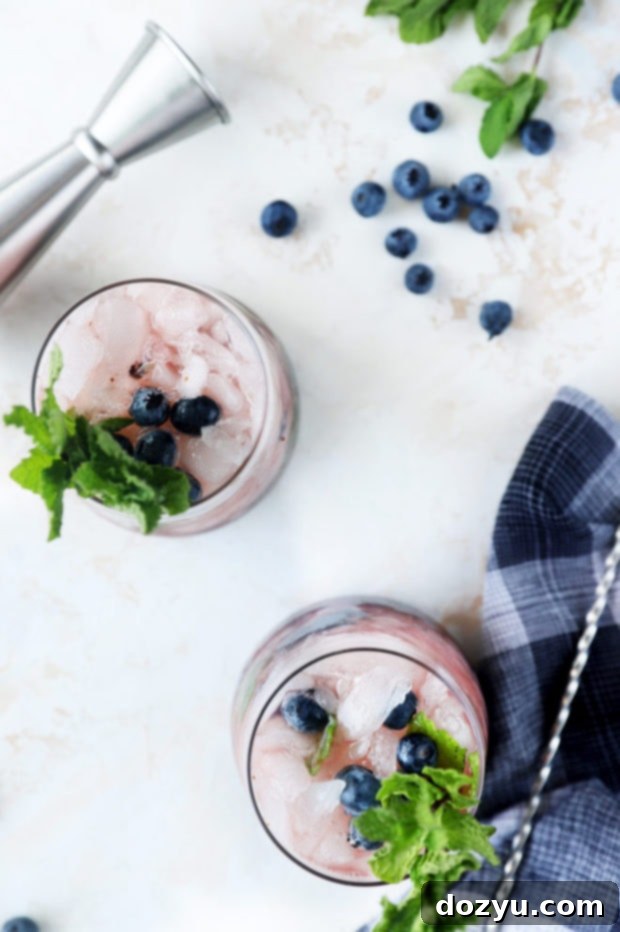 Overhead shot of two Blueberry Mint Julep cocktails garnished with fresh blueberries and mint.