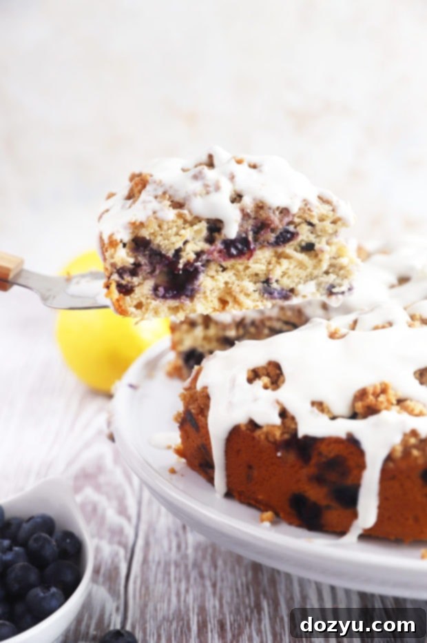 A slice of Blueberry Lemon Streusel Coffee Cake being carefully lifted from the main cake, revealing its tender crumb, juicy blueberries, and the rich, golden-brown streusel layer.