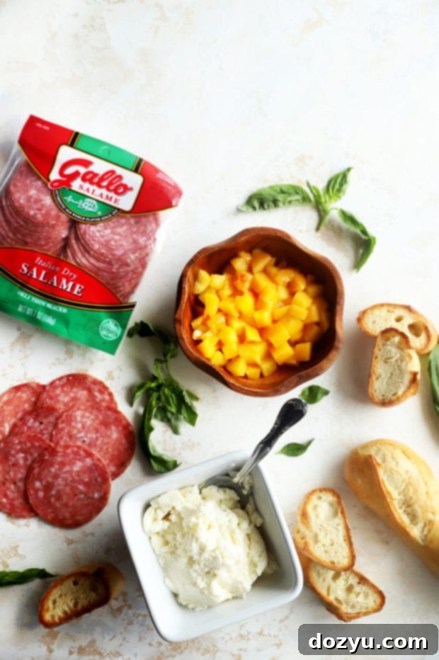 Ingredients for salame peach ricotta crostini image