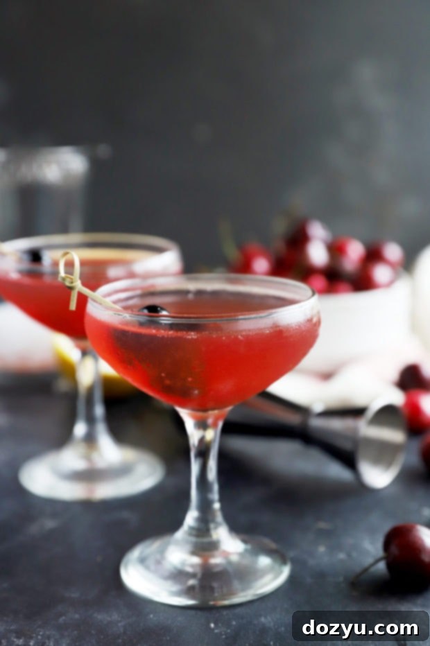 Cherry Bourbon Sour cocktails garnished with fresh cherries in elegant glasses