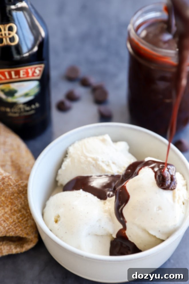 drizzling hot fudge sauce over ice cream picture