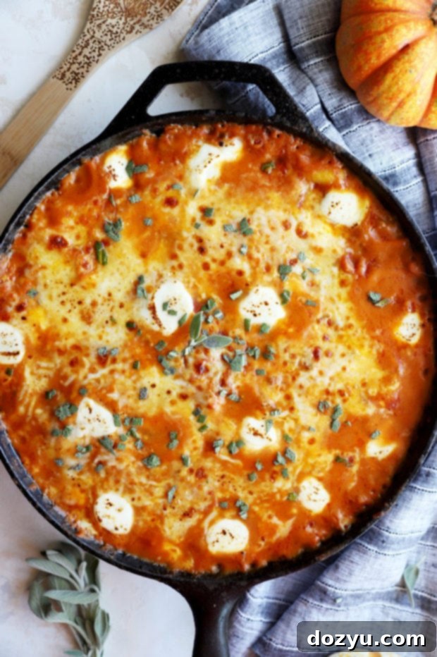 Golden Pumpkin Gnocchi Gratin 6 Overhead photo of pasta skillet