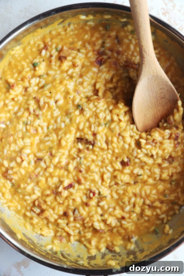 Overhead view of Bacon Butternut Squash Risotto in a bowl.