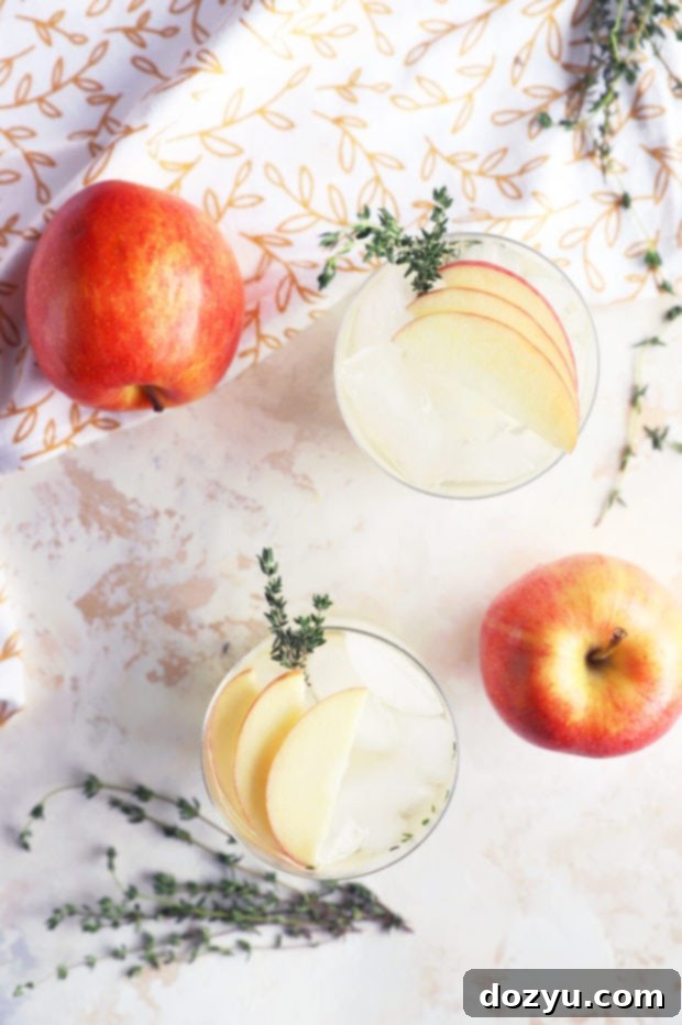 Overhead image of two Thyme Apple Gin and Tonics garnished with fresh apple slices and thyme sprigs, set for autumn enjoyment