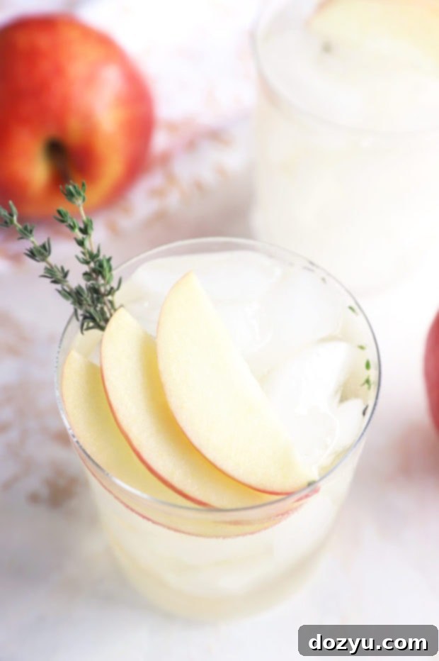 Close-up photo of a Thyme Apple Gin and Tonic cocktail, showing the clear liquid, ice, and elegant garnish of apple and thyme
