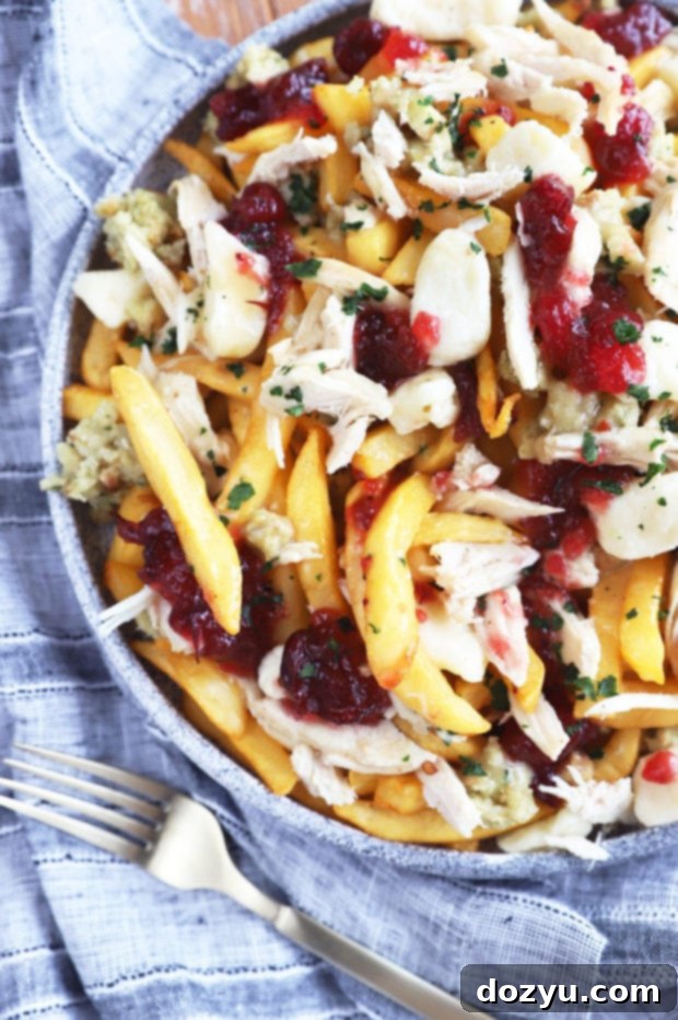 Close-up image of a platter featuring a base of crispy fries topped with a generous portion of cheese curds and rich gravy, forming the core of a poutine dish