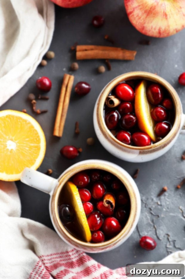 Warm Spiced Apple Cider 2 Hot mulled cider with orange slices and cranberries in mugs, a perfect cozy fall and winter drink