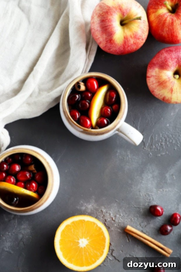 Warm Spiced Apple Cider 6 Overhead shot of two mugs of mulled cider, a pitcher, and loose cranberries and cinnamon sticks