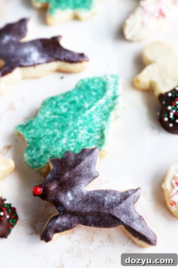 Reindeer shaped shortbread cookie on a white surface