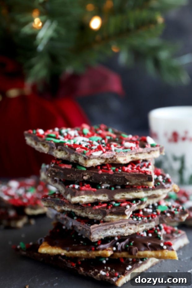 Side view of Gingerbread Christmas Crack Candy, showing layers of chocolate, spiced toffee, and crispy crackers.