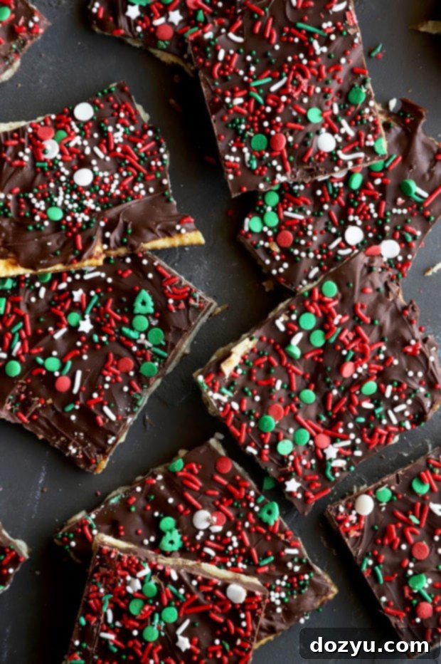 Close-up picture of gingerbread Christmas crack candy in a festive pile, highlighting the chocolate topping, colorful sprinkles, and cracker texture.