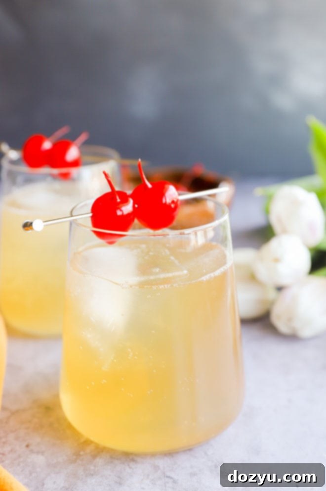 The Gilded Sparkler 2 Side photo of whiskey sour with sparkling water, garnished with a cherry