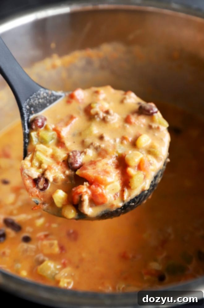Ladle spooning out slow cooker queso chili photo