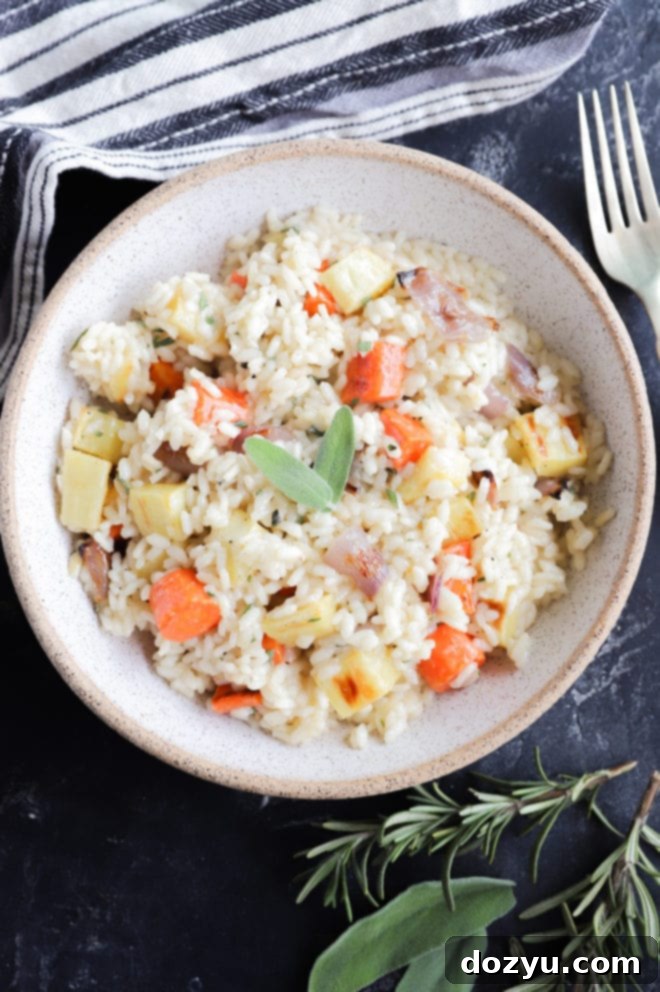 A serving of roasted vegetable risotto in a bowl, garnished for dinner