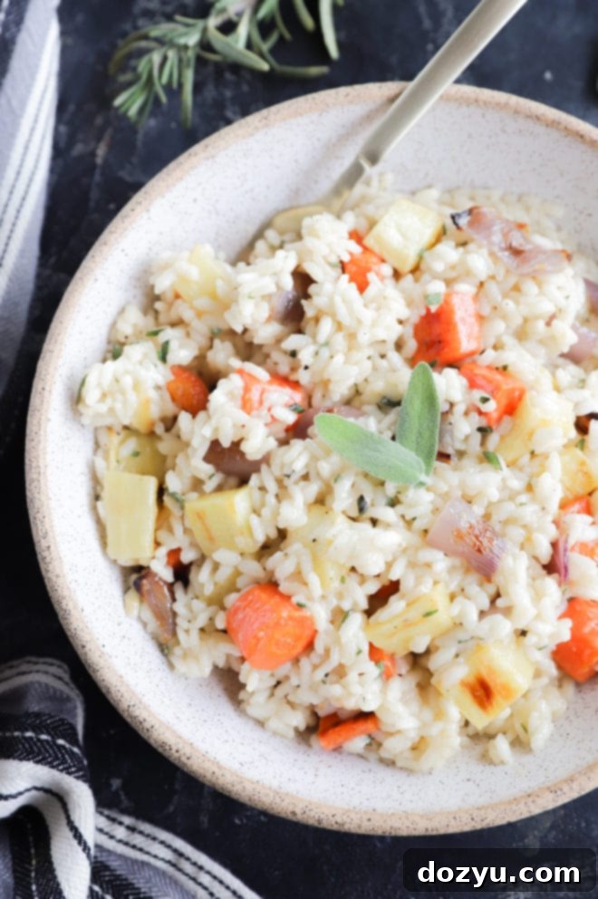 Close-up of creamy vegetable risotto in a skillet