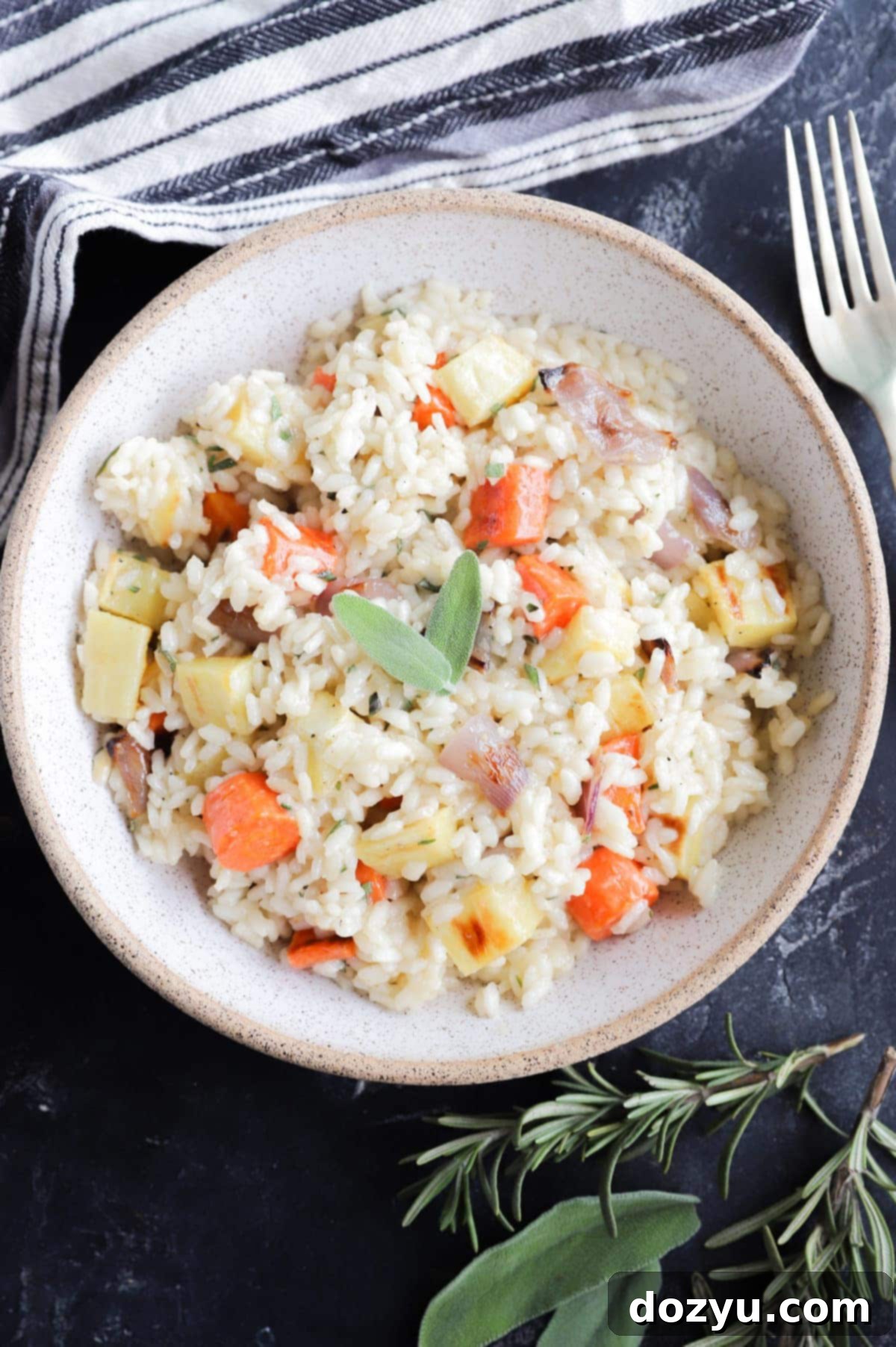 Winter Roasted Vegetable Risotto in a beautiful bowl for serving