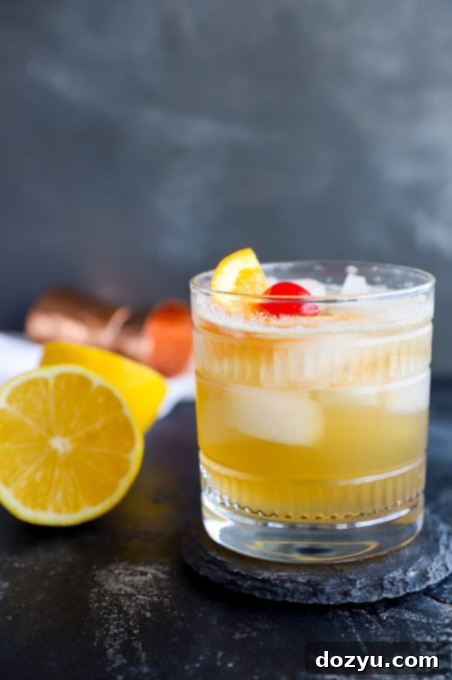Side image of a vibrant Jameson Whiskey Sour in an elegant cocktail glass, garnished with a fresh orange slice and a maraschino cherry.