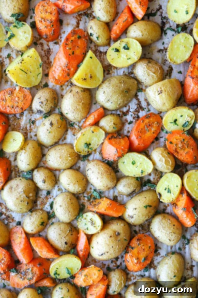 Golden Garlic Butter Roasted Carrots and Potatoes 2 Overhead photo of golden roasted potatoes and carrots on a sheet pan, garnished with fresh herbs.