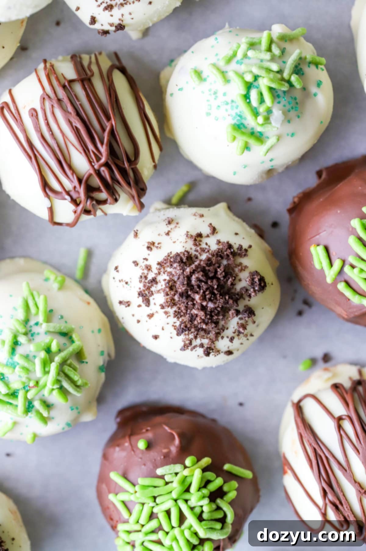 Decadent Oreo Bailey's Truffles 9 Overhead image of Bailey's truffles coated in white and dark chocolate