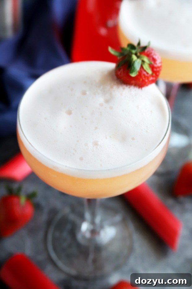Strawberry Rhubarb Gin Fizz Cocktail in a coupe glass for April