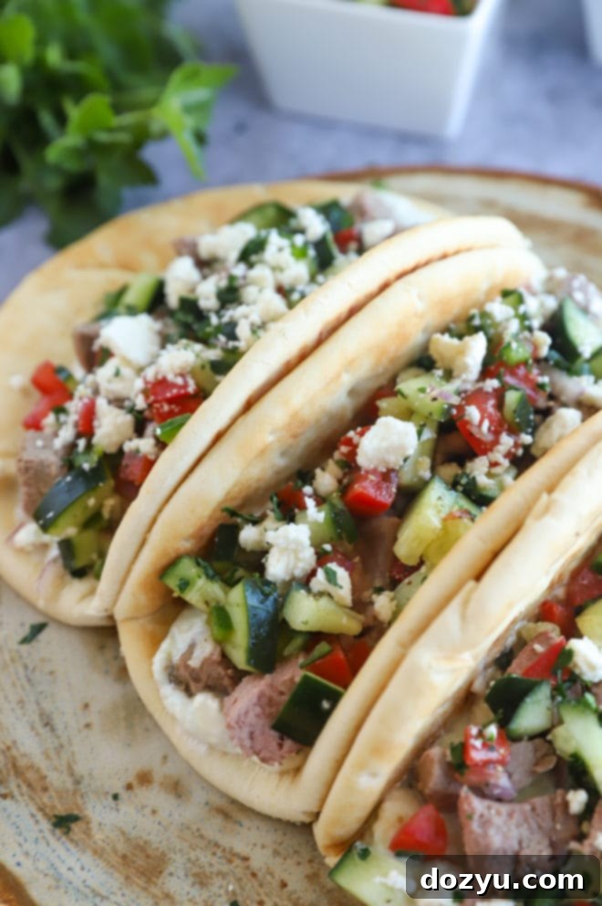 Greek gyro lamb tacos neatly arranged on a white plate, served alongside fresh salsa and tzatziki sauce.
