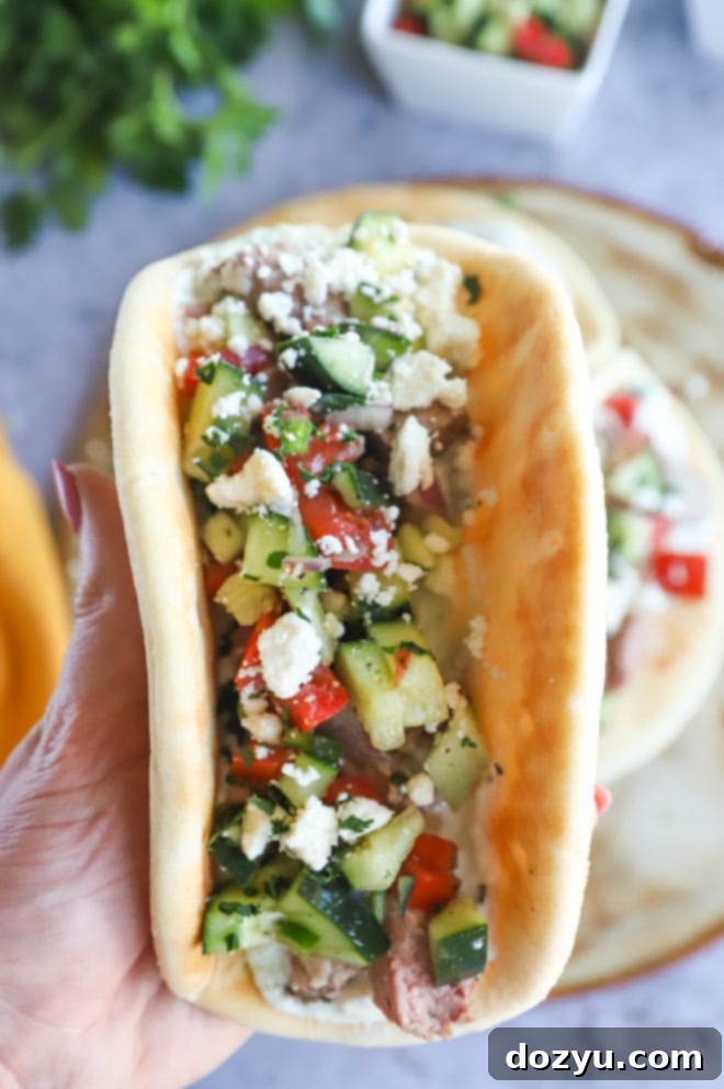 A hand holding a perfectly assembled Greek Gyro Lamb Taco, showing the rich lamb, fresh salsa, and creamy tzatziki within a warm pita.