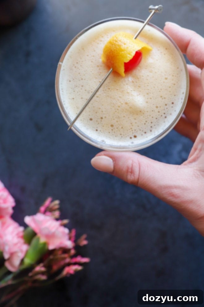 Boston's Spirited Zest 5 A hand holding a perfectly garnished Boston Sour in a coupe glass.