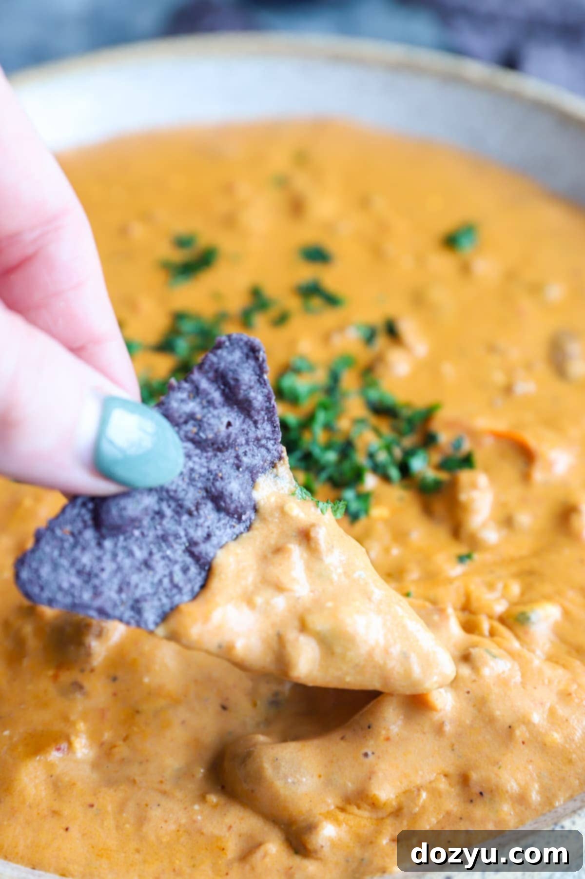 Chip dipping into gooey chipotle chili cheese dip