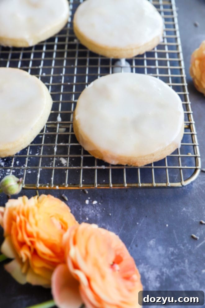 Lemon Lavender Shortbread Delights 4 Lemon Lavender Shortbread Cookies cooling on a wire rack after baking, showing their golden brown edges and flat tops.