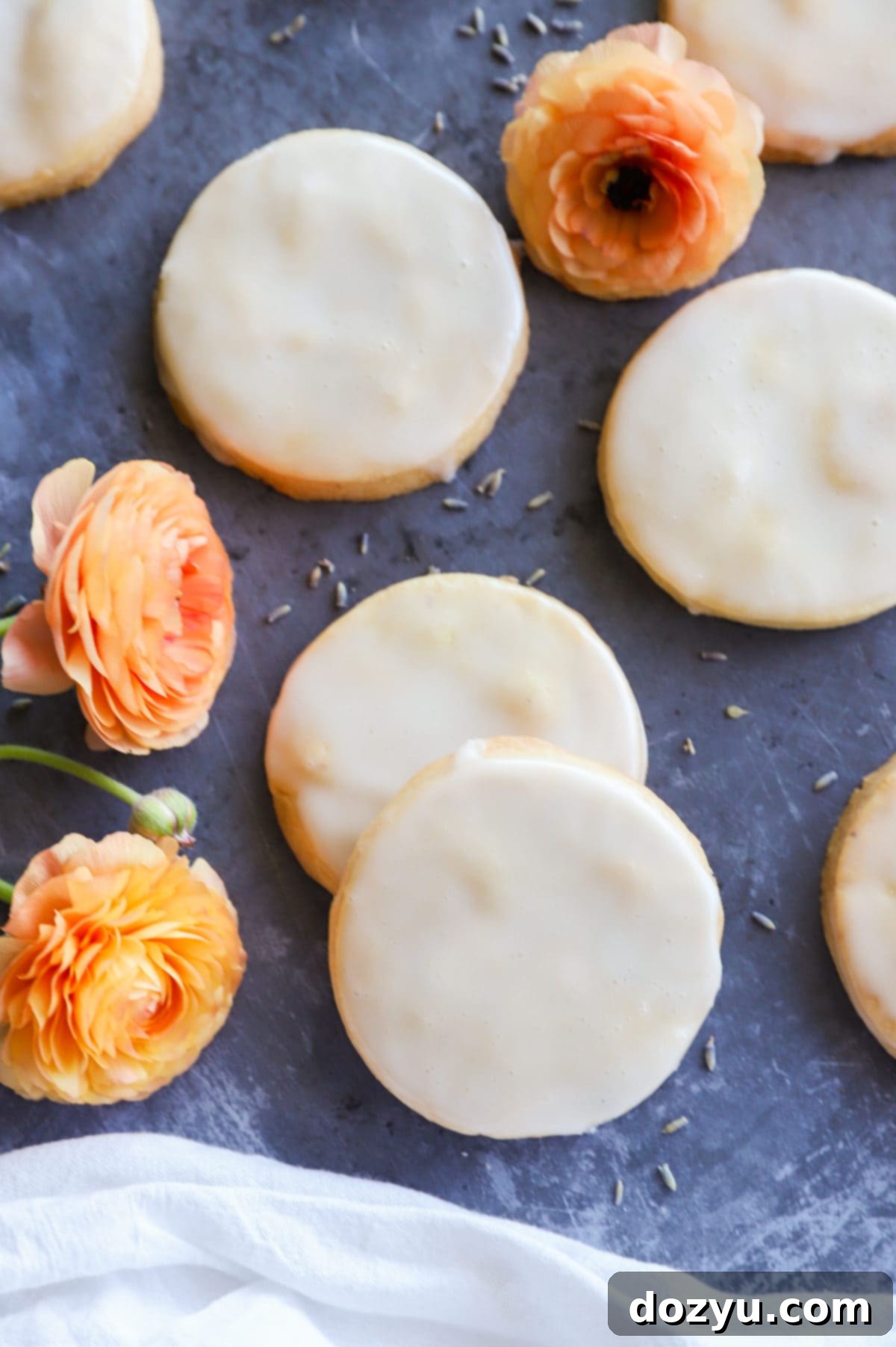 Lemon Lavender Shortbread Cookies Recipe Card Image: A beautiful arrangement of golden cookies with a delicate glaze.