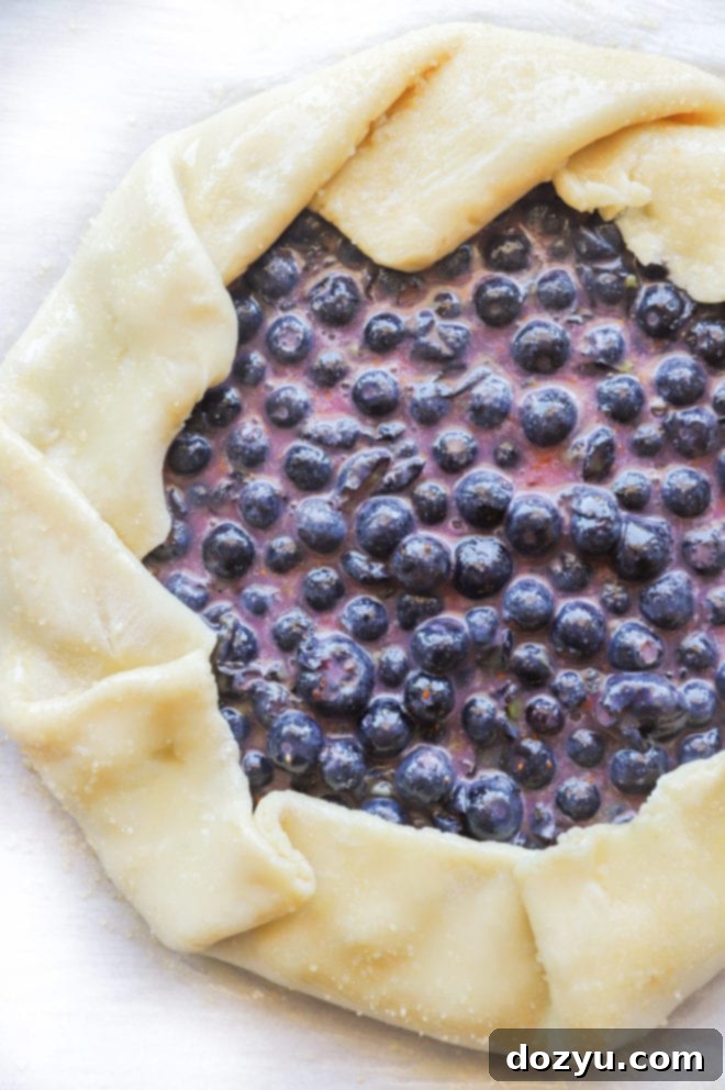 Unbaked blueberry galette on a parchment-lined baking sheet, ready for the oven