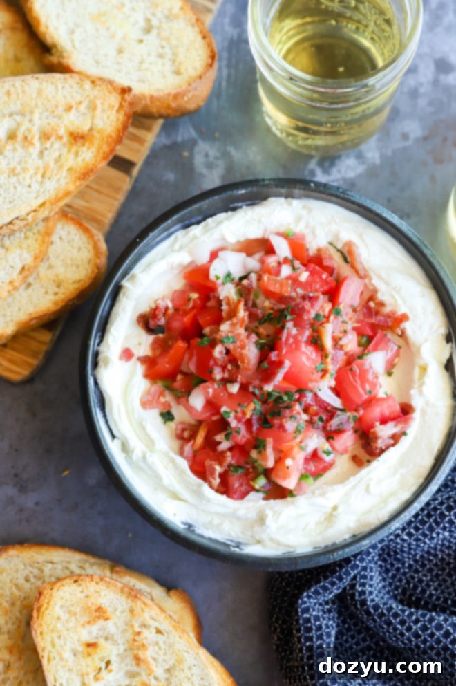 Overhead view of the whipped goat cheese salsa dip in a serving bowl, perfectly layered with toppings