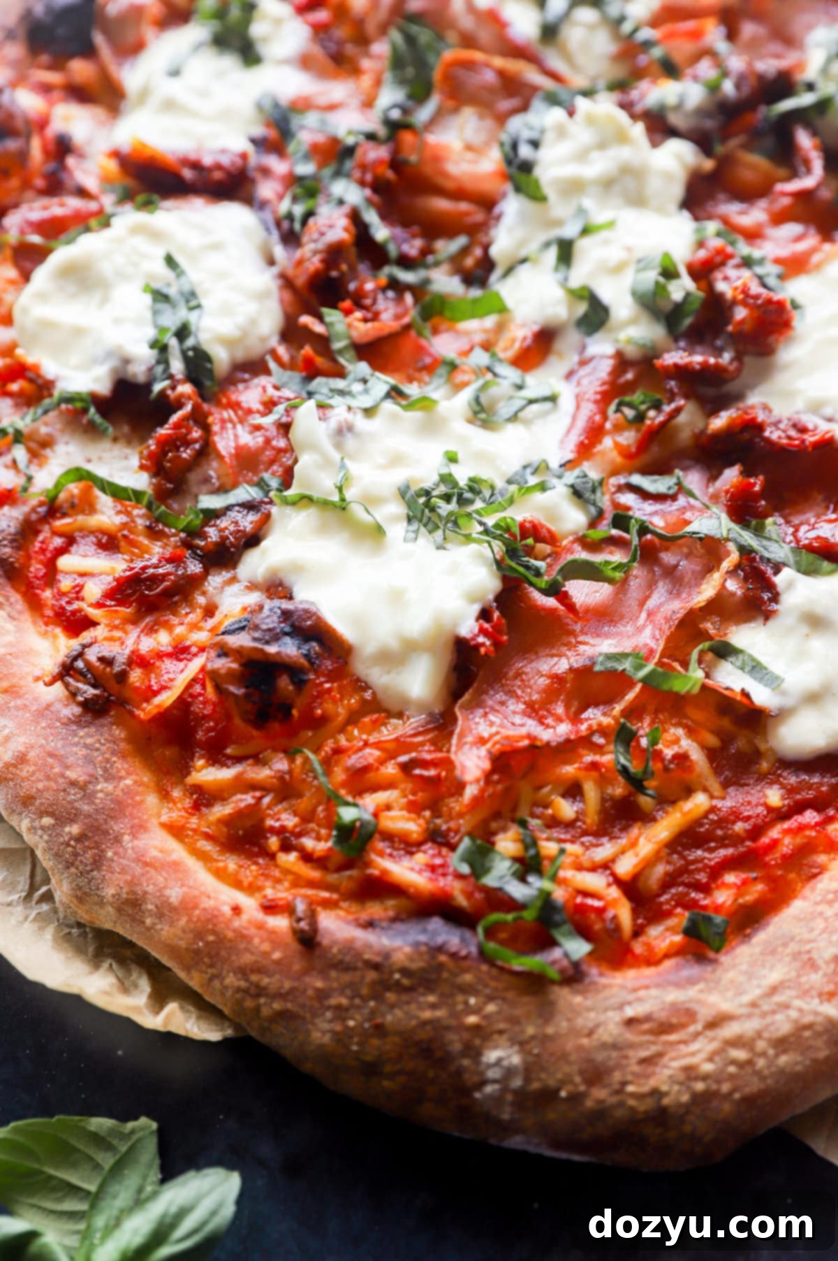 Grilled burrata pizza image on parchment