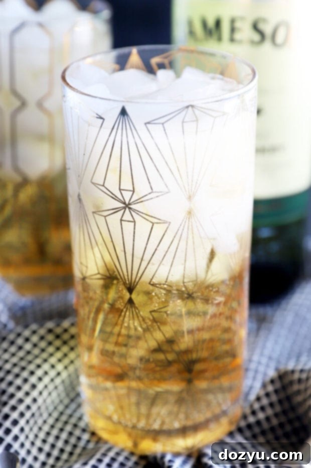 Close-up of a Jameson and Ginger cocktail with a lime wedge garnish, showing the refreshing fizz of the ginger ale.