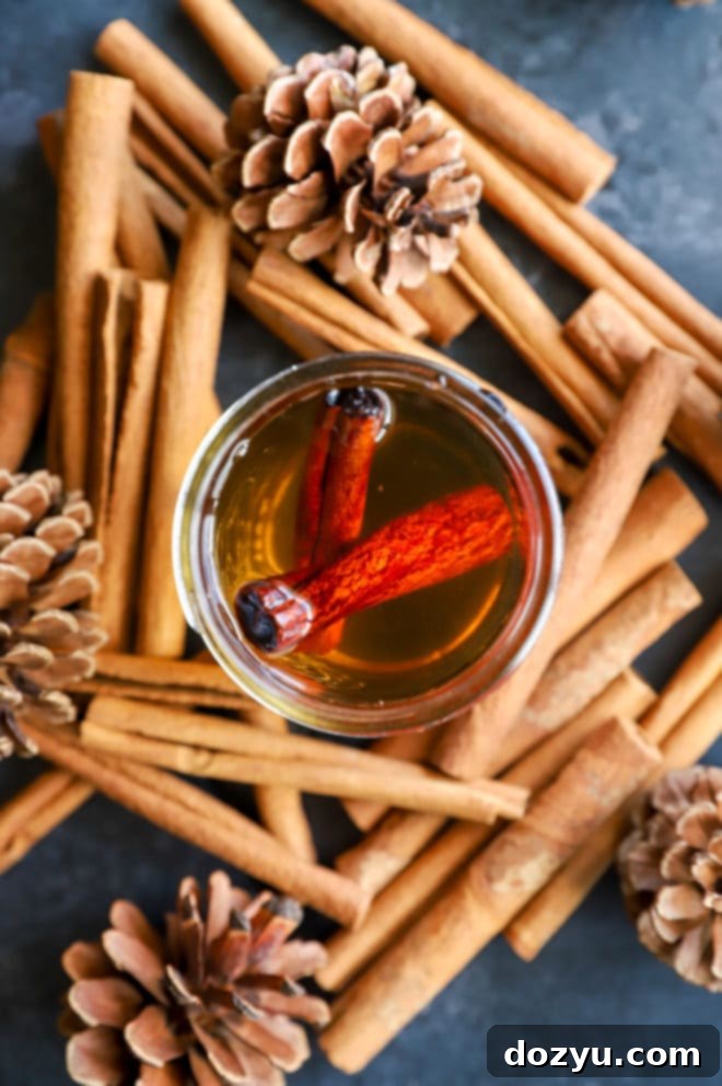 Two glasses of a cocktail, garnished with cinnamon sticks, alongside a jar of Cinnamon Simple Syrup.