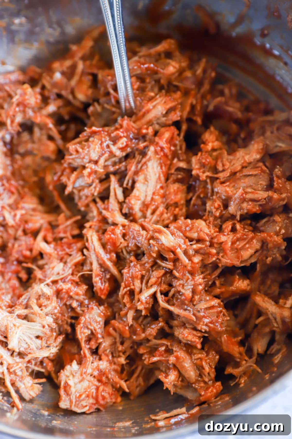 A bowl of shredded pulled pork with BBQ sauce