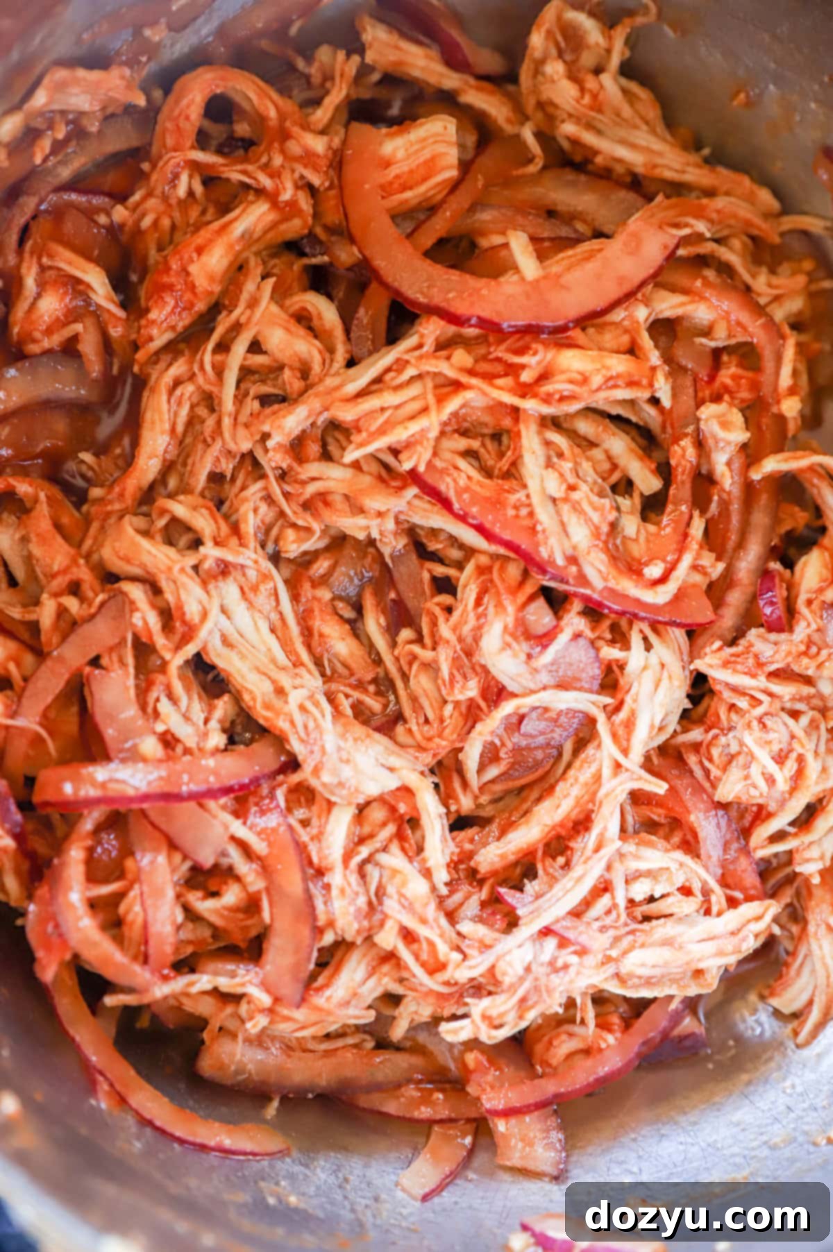 Image of shredded chicken with red onion
