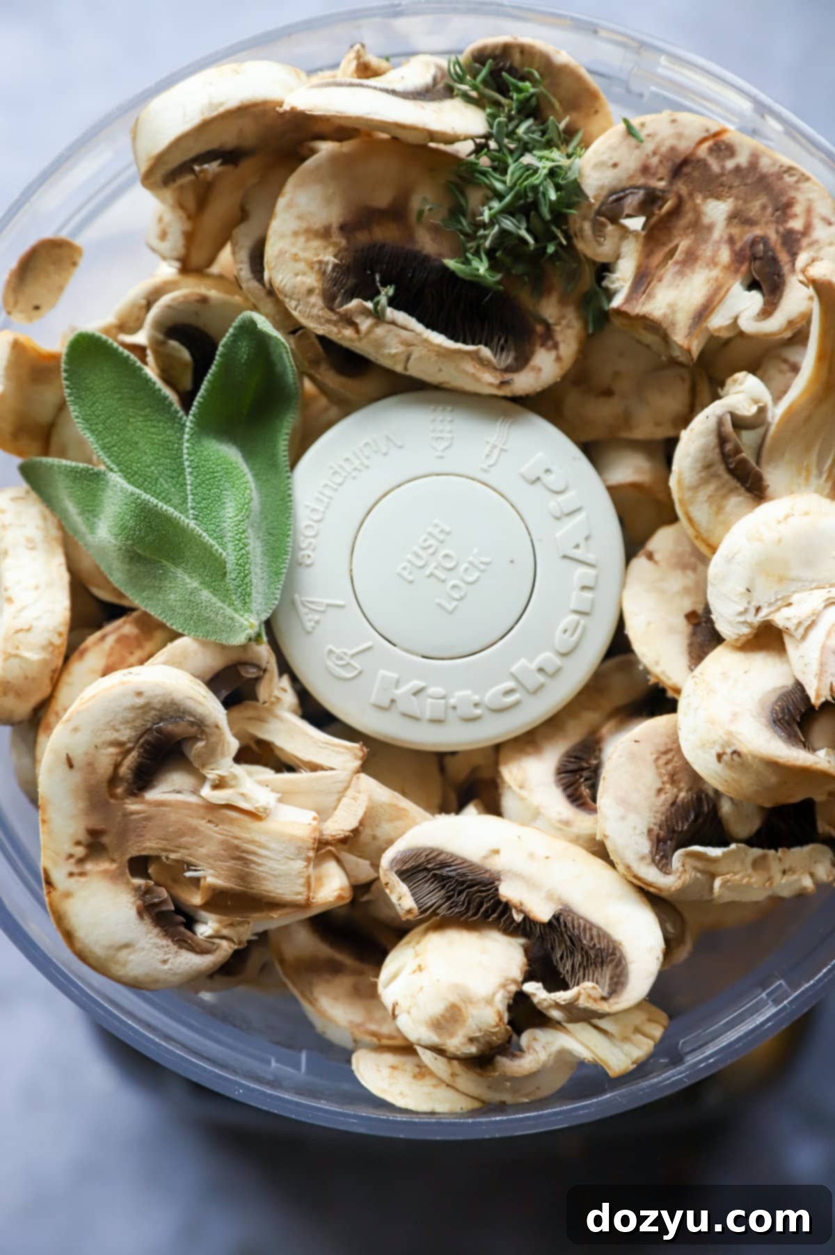 Crimson Shroud Wellington 7 OVerhead image of mushrooms and herbs in food processor