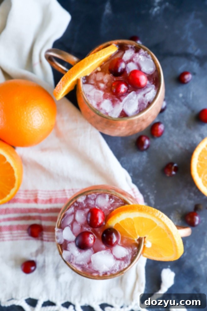 Crimson Citrus Mule 8 Image of festive Thanksgiving mule in copper mugs, adorned with cranberries and orange