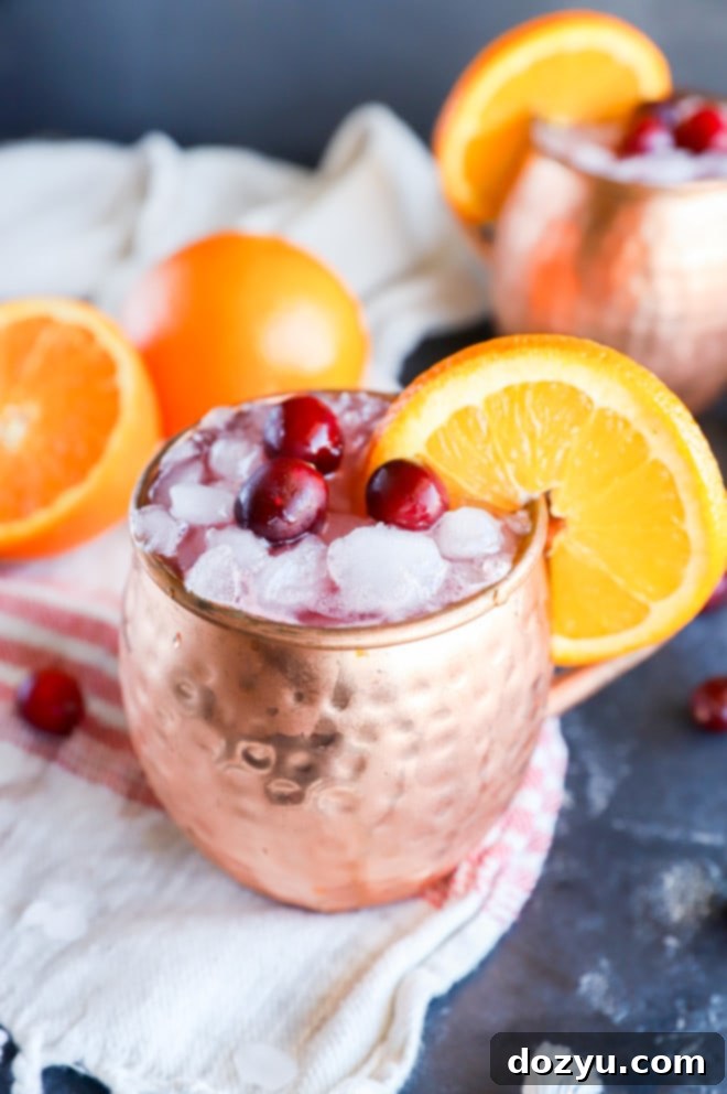 Crimson Citrus Mule 5 Two copper mugs filled with Cranberry Orange Moscow Mules, garnished with fresh cranberries and orange slices