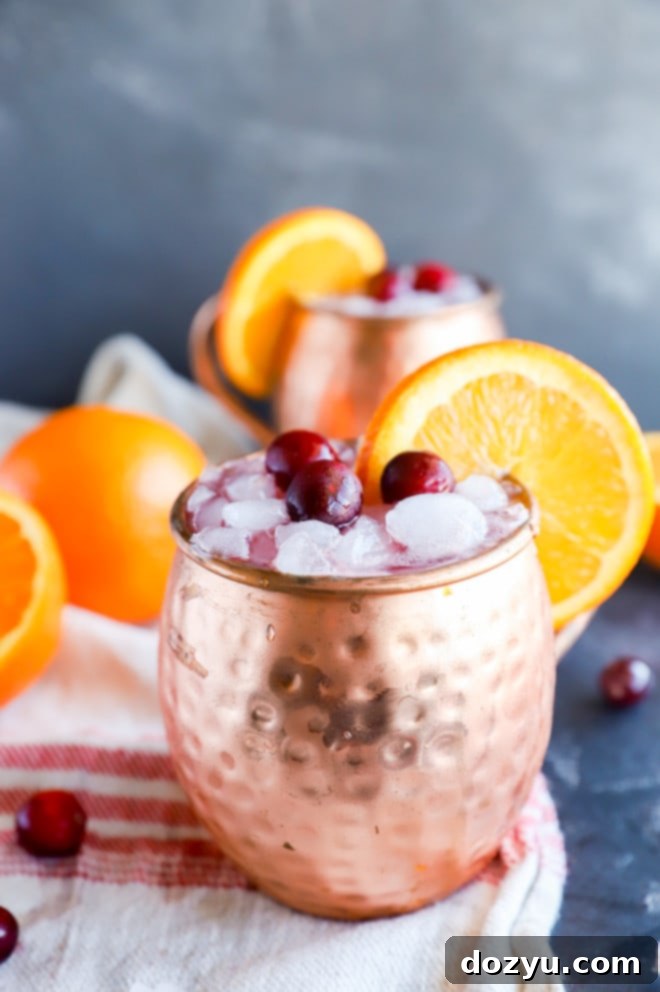 Crimson Citrus Mule 6 Side photo of two copper mugs holding cranberry orange cocktails, garnished with cranberries and orange