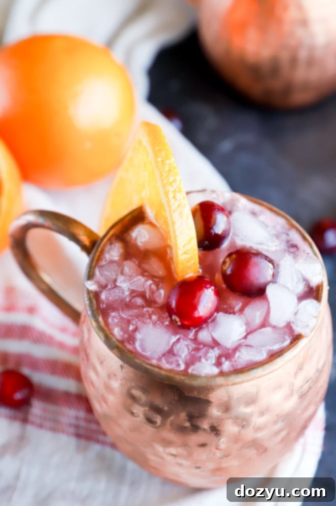 Crimson Citrus Mule 7 Cranberry Moscow Mule with orange juice image, garnished for the holidays