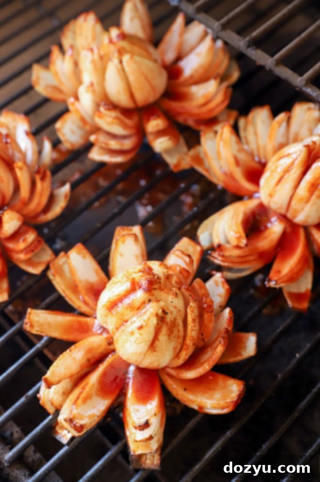 Picture of grilled blooming onion on grill