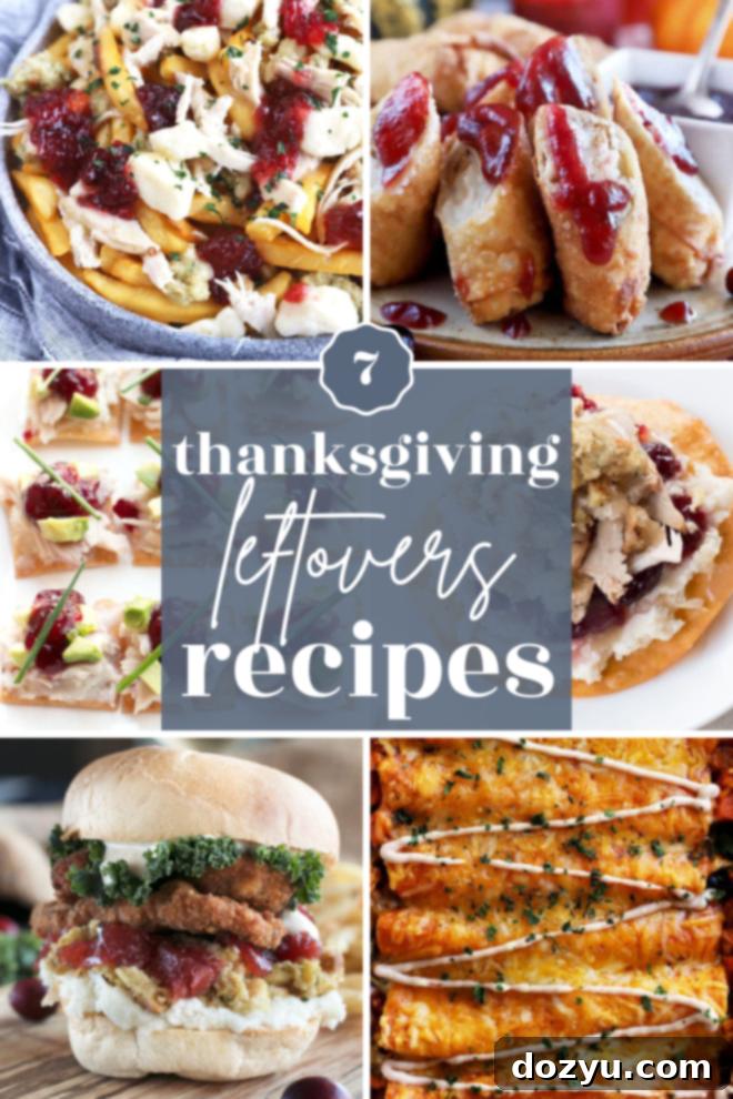 A vibrant collage of various Thanksgiving leftover dishes, showcasing creative ways to transform holiday meals, including sandwiches, fritters, and egg rolls.