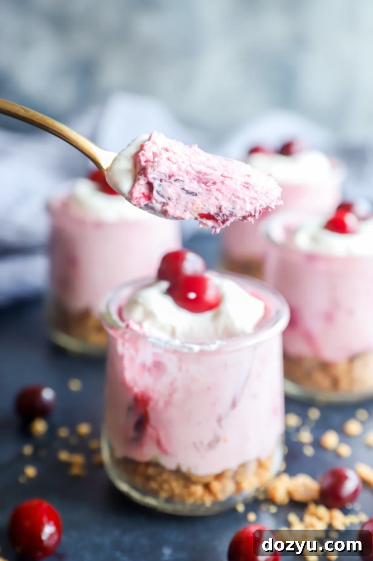 Spoonful of cranberry cheesecake mousse from jar