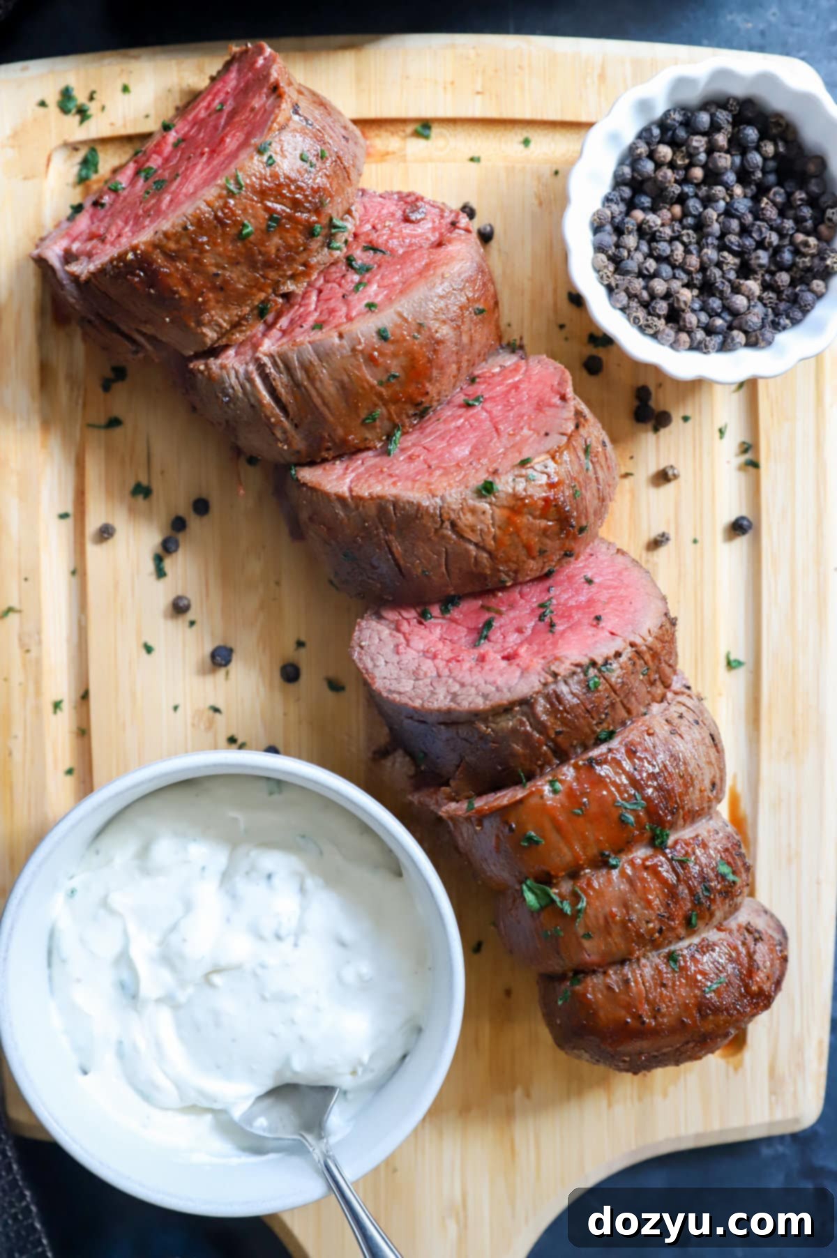 Sliced BBQ Beef Tenderloin with Creamy Horseradish Sauce