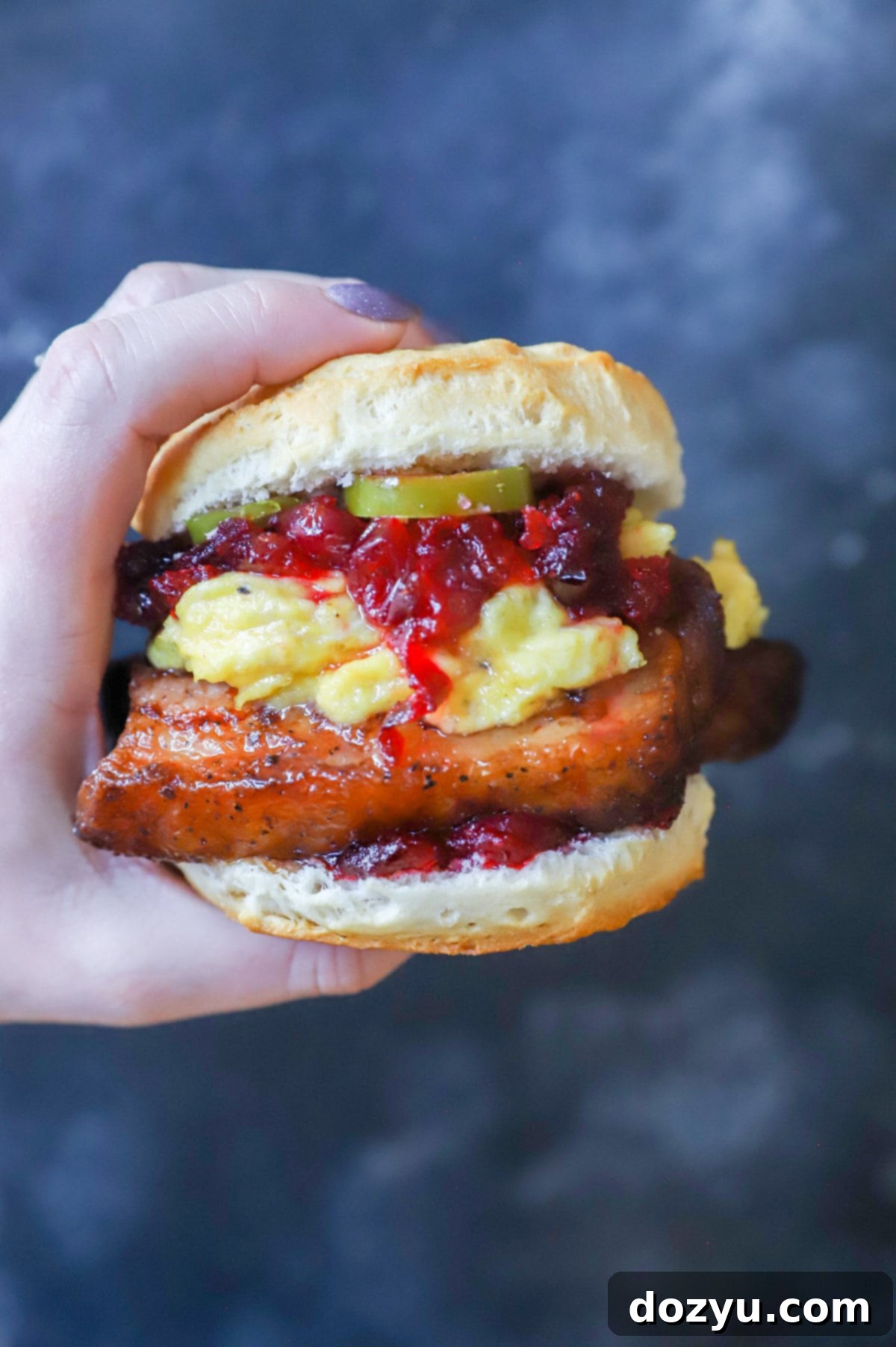 Hand holding pork belly sandwich image