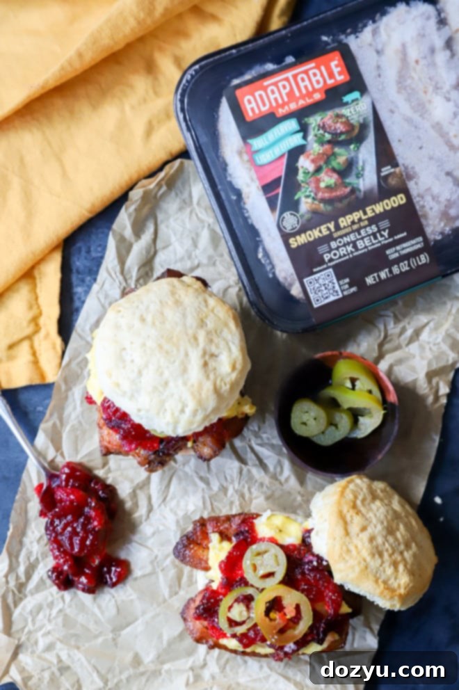 Two pork belly breakfast sandwiches stacked on a cutting board, garnished with pickled jalapeños.
